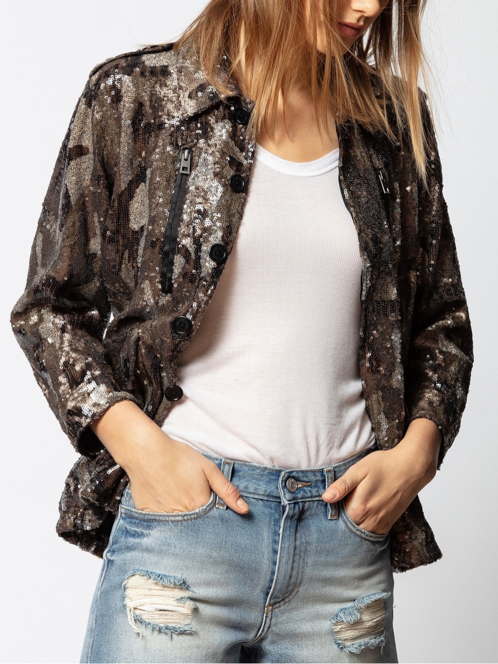 Zadig & Voltaire Kim Sequins Camo Parka Sz XS Like New Silk Blend Luxury